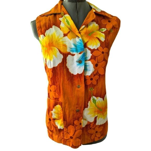 Bark cloth vintage Hawaiian tropical print button up sleeveless shirt - Picture 1 of 9